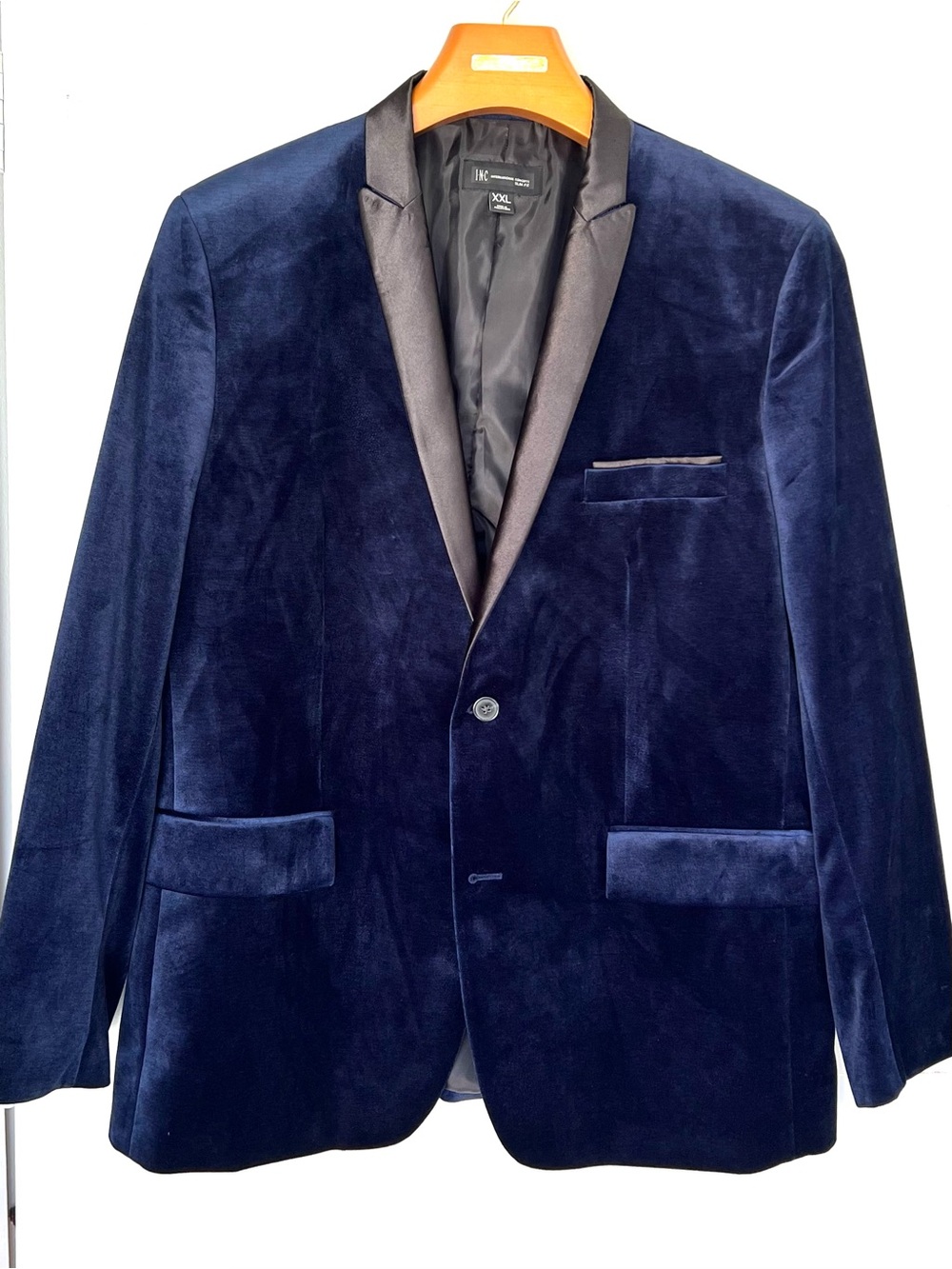 INC International Concepts Navy Velvet Blazer with Black Satin Lapel